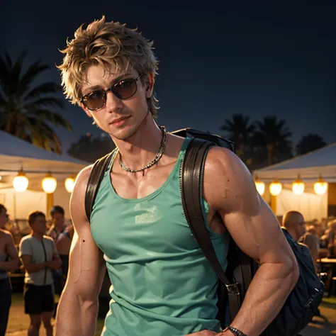 outdoors,nighttime,best quality,masterpiece,highres,realistic,(depth of field|concert),coachella,1male (dg_ChadMM),tank top,jewelry,rock music festival,sunglasses,short hair,messy hair,backpack,buzzcut,
<lora:dg_ChadMMv1:0.8>,