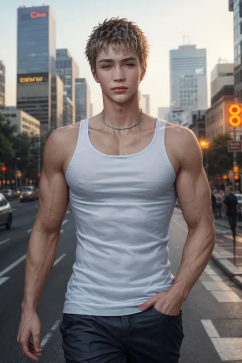 ((masterpiece)), ((best quality:1.2)), High Resolution, 8k, (ultra_realistic:1.3), (photorealistic:1.4), ((handsome)), instagram model, a shot of (dg_ChadMM), (beautiful body:1.2), wearing white tank top, urban, walking in the city, multiple people, skyscrapers, cityscape, cars, traffic lights, neon lights, slender body, mature, masculine, short hair, short hair, <lora:dg_ChadMM:0.8>