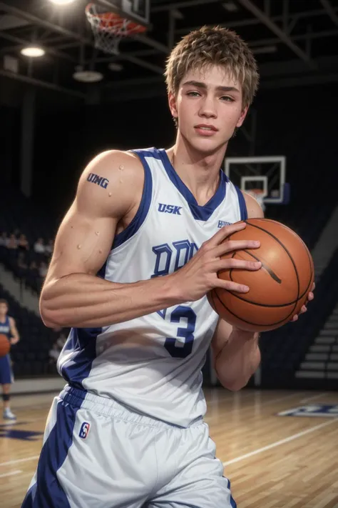 ((masterpiece)), ((best quality:1.2)), High Resolution, 8k, (ultra_realistic:1.3), (photorealistic:1.4), ((handsome)), instagram model, a shot of (dg_ChadMM), wearing basketball jersey, (beautiful body:1.2), basketball stadium, athlete, slender body, mature, masculine, short hair, ball in hand, concentrating, dribbling, shooting the ball, short hair, sweat, <lora:dg_ChadMM:0.8>