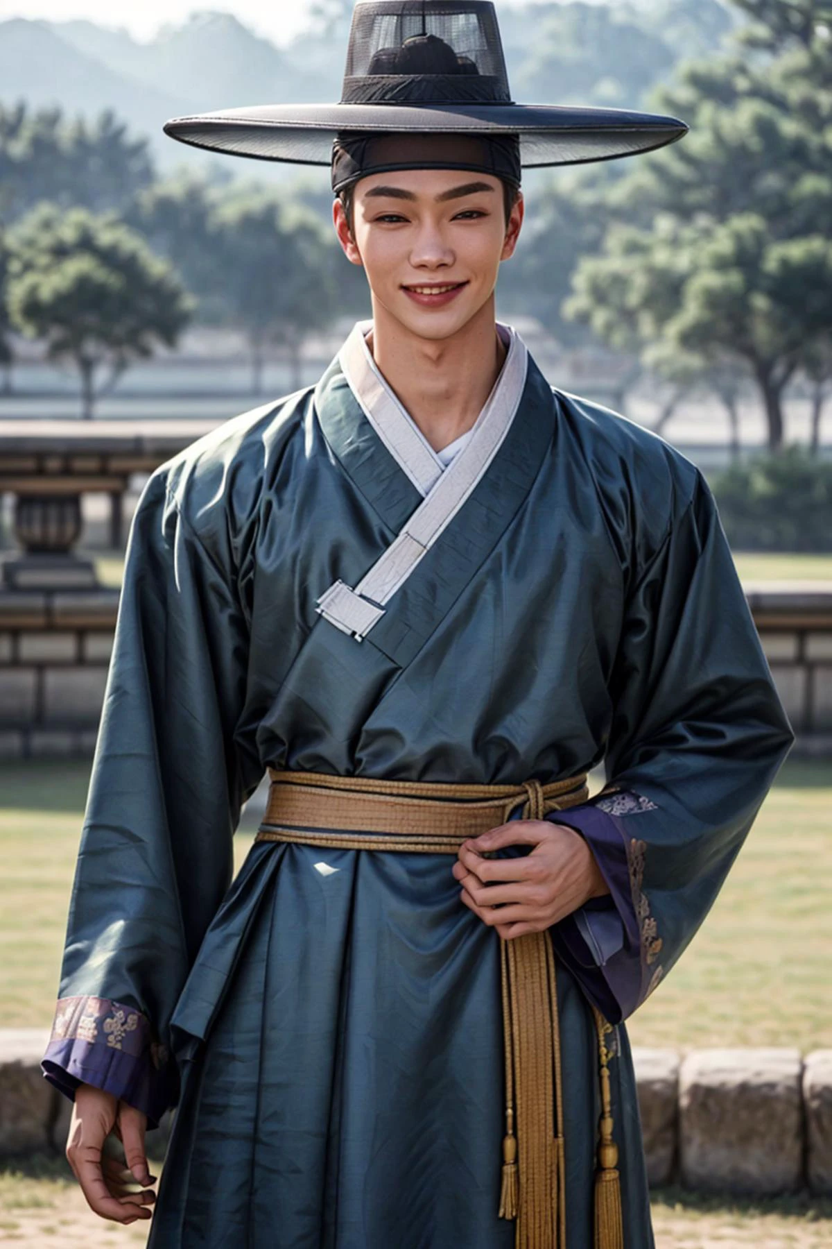((masterpiece)), ((best quality:1.2)), High Resolution, 8k, (ultra_realistic:1.3), (photorealistic:1.4), ((handsome)), instagram model, a shot of (dg_ChadMM), (beautiful body:1.2), wearing (hanbok, hat, topknot, see-through headband), slender body, mature, masculine, short hair, fan in hand, smiling, short hair, korean palace background, <lora:dg_ChadMM:0.8>, <lora:hanbok_m_v4:0.6>