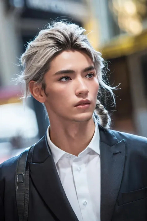 (8k, best quality, masterpiece, ultra highres:1.2),1boy,full body,french braid, (silver hair:1.1),on urban streets,