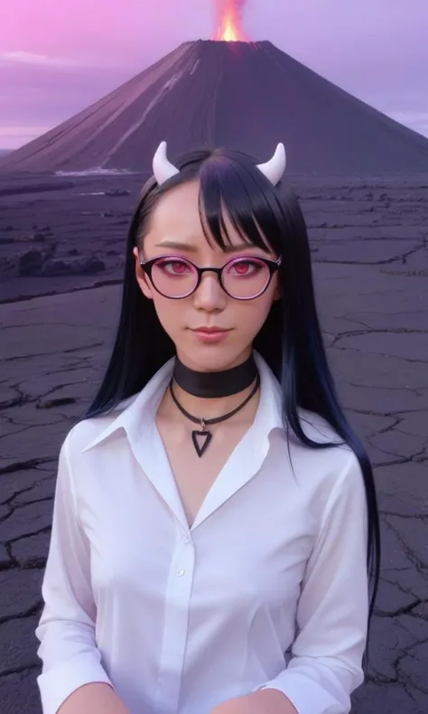 one demon woman, pink eyes, two horns, full-rimmed glasses, very long pink and black (gradient hair:1.3) in a hime cut, bangs and sidelocks, <lora:d\EnvyCuteSliderXL01a:-1.5>, choker,  <lora:flat_chested_with_top:1> flat chest, inside a volcano's caldera, teasing,  <lora:nagatoro hayase:0.8> nagatoro hayase, collared white shirt