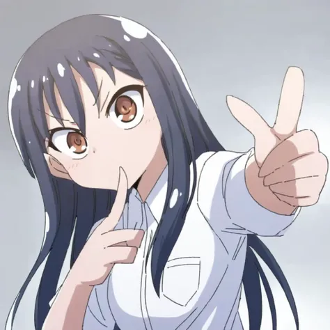 a girl at something with a finger, <lora:fingergun:0.85> <lora:nagatoro hayase:0.8> nagatoro hayase, collared white shirt