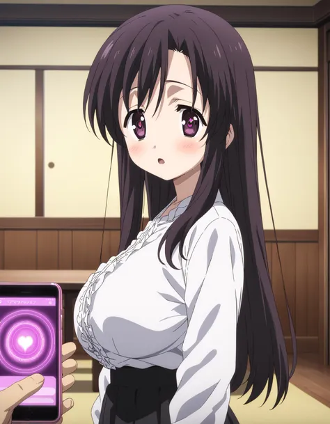 1girl,shortstack,
kotonoha katsura, purple eyes, black hair, long hair, <lora:kotonoha-katsura-ponyxl-lora-nochekaiser:1>,blush,heart-shaped pupils,:o,
large breasts,sagging breasts,
white shirt,black skirt,hypnosis, mind control app, phone,pov hand,pov,
upper body,looking at viewer, from side,
living room,darkness,indoors,
<lora:sdxl2-flat2-512b:-0.3>, <lora:add-detail-xl:0.5>,<lora:Hypno_App_POV:0.8>,
anime, anime style,  vibrant, studio anime,key visual,highly detailed, anime coloring, masterpiece,best quality,