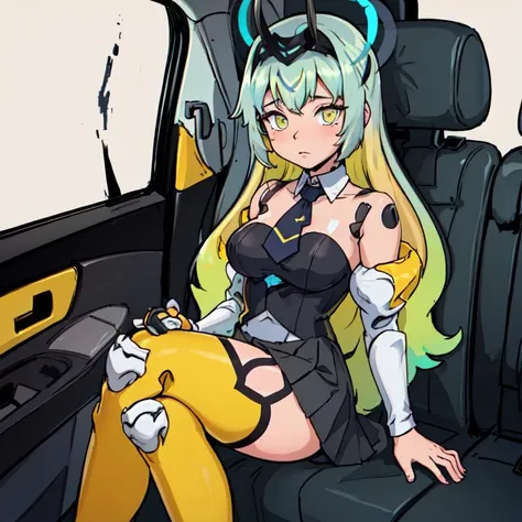 (masterpiece, top quality, best quality, beautiful, and aesthetic:1.2) eiren3, doll joints, head gear, halo, wearing halter neck, black skirt, neck tie, yellow thigh highs, multicolored hair, colored inner hair, sitting on the backseat of a taxi cab <lora:eireneproject1:.8>