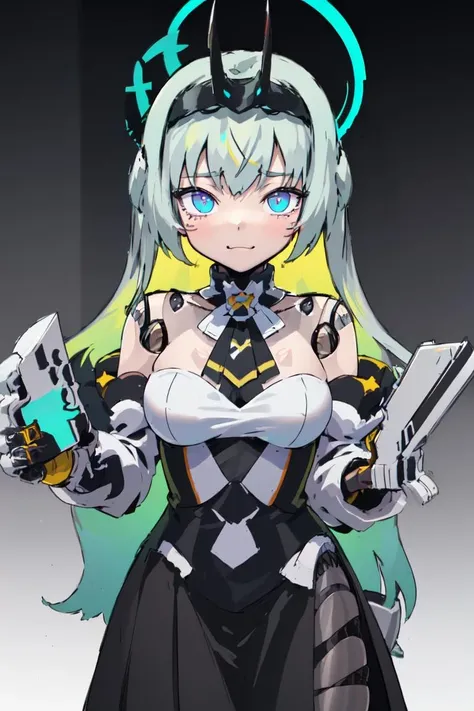 (masterpiece, top quality, best quality, beautiful, and aesthetic:1.2) dynamic shot, eiren3, (doll joints:1.2), posing, slight smile, head gear, wearing halter neck, neck tie, 1girl,black skirt, cyberpunk city, halo, holding, posing, slight smile, long hair, dynamic lighting, epic background, gradient hair, multicolored hair, colored inner hair <lora:eireneproject1-10:1>