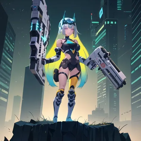 (masterpiece, top quality, best quality, beautiful, and aesthetic:1.2) full body shot, aiming gun, eiren3, doll joints, posing, slight smile, head gear, wearing halter neck, neck tie, 1girl, cyberpunk city, holding, posing, slight smile, long hair, gradient hair, multicolored hair, colored inner hair <lora:eireneproject1-10:.8>