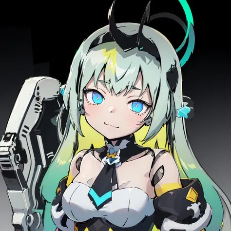(masterpiece, top quality, best quality, beautiful, and aesthetic:1.2) dynamic shot, eiren3, (doll joints:1.2), posing, slight smile, head gear, wearing halter neck, neck tie, 1girl,black skirt, cyberpunk city, halo, holding, posing, slight smile, long hair, dynamic lighting, epic background, gradient hair, multicolored hair, colored inner hair <lora:eireneproject1-10:1>