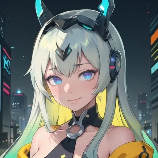 (masterpiece, top quality, best quality, beautiful, and aesthetic:1.2) portrait shot, eiren3, doll joints, posing, slight smile, head gear, wearing halter neck, neck tie, 1girl, cyberpunk city, holding, posing, slight smile, long hair, gradient hair, multicolored hair, colored inner hair <lora:eireneproject1-10:.8>