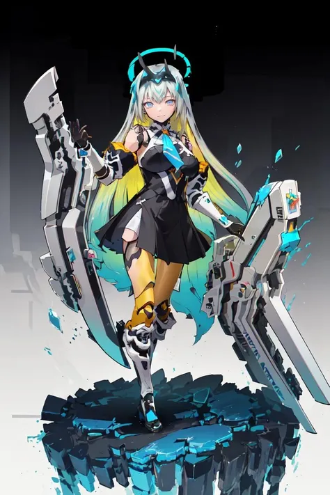 (masterpiece, top quality, best quality, beautiful, and aesthetic:1.2) full body eiren3, (doll joints:1.2), posing, slight smile, head gear, wearing halter neck, neck tie, 1girl,black skirt, cyberpunk city, halo, holding, posing, slight smile, long hair, dynamic lighting, epic background, gradient hair, multicolored hair, colored inner hair <lora:eireneproject1-10:1>