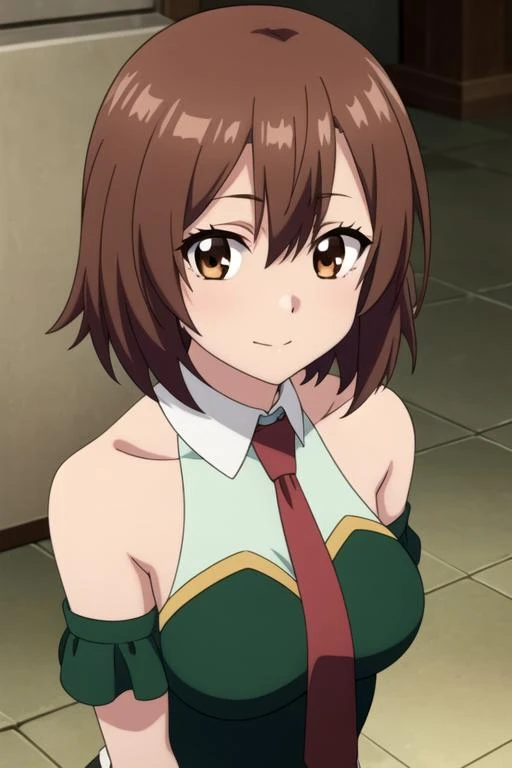 masterpiece, best quality, game cg, 1girl, solo, looking at viewer, upper body, , anime coloring, , <lora:lola_metrose:0.70>, lola_metrose, brown hair, brown eyes, bare shoulders, necktie