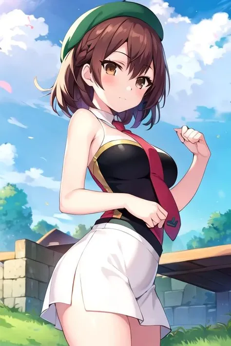 1 Female,High definition,high resolution,Ultra-realistic,8K, 8K, bbmazaki, ponytail, hair scrunchie, necklace, yellow shirt, sleeveless, bracelet, belt, pink skirt, tight skirt, miniskirt,European,sexy,Upper body close-up,Photographed from the front,Dynamic Angles,(blush), big tits , happy, wink the eye,facial, sweat, outdoors, moonlight, night,(pov, closed shot:1.2),(sitting),( spread legs),(pussy),(show pussy) ,(wide thighs:1.4)