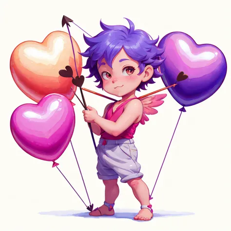A cute boy little cupid holding a heart with an arrow in it, Chibi, watercolor, cute, adorable, 8k, vibrant, fun, Balloons, by Lisa Frank, trending on ArtStation, award-winning, art by Studio Ghibli, by Greg Rutkowski <lora:BalloonsHeart:0.4>