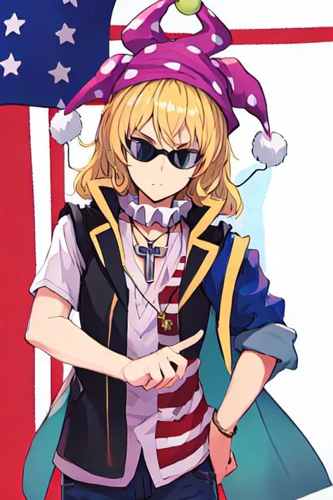 solo, 1girl, solo_focus, quatroglasses, clownpiece
keith_howard, Bandit Keith, vest, black_vest, jacket, blue_eyes, sunglasses, jewelry, cross, necklace, cross_necklace, short_sleeves, zentangle, bandana, blond hair and blue eyes, bandana with USA Flag,