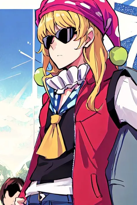 solo, 1girl, solo_focus, quatroglasses, clownpiece
keith_howard, Bandit Keith, vest, black_vest, jacket, blue_eyes, sunglasses, jewelry, cross, necklace, cross_necklace, short_sleeves, zentangle, bandana, blond hair and blue eyes, bandana with USA Flag,