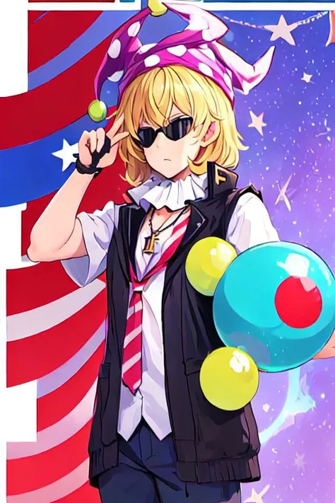 solo, 1girl, solo_focus, quatroglasses, clownpiece
keith_howard, Bandit Keith, vest, black_vest, jacket, blue_eyes, sunglasses, jewelry, cross, necklace, cross_necklace, short_sleeves, zentangle, bandana, blond hair and blue eyes, bandana with USA Flag,