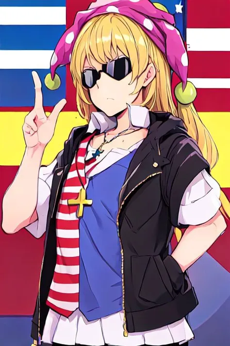 solo, 1girl, solo_focus, quatroglasses, clownpiece
keith_howard, Bandit Keith, vest, black_vest, jacket, blue_eyes, sunglasses, jewelry, cross, necklace, cross_necklace, short_sleeves, zentangle, bandana, blond hair and blue eyes, bandana with USA Flag,