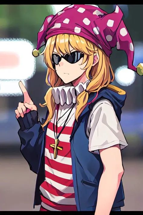 solo, 1girl, solo_focus, quatroglasses, clownpiece
keith_howard, Bandit Keith, vest, black_vest, jacket, blue_eyes, sunglasses, jewelry, cross, necklace, cross_necklace, short_sleeves, zentangle, bandana, blond hair and blue eyes, bandana with USA Flag,