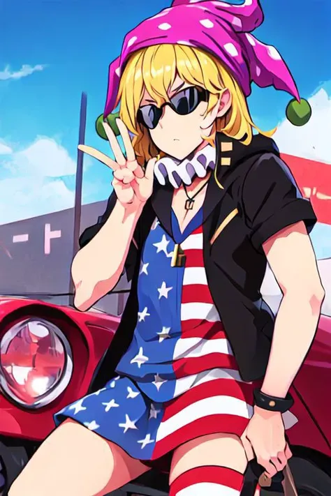 solo, 1girl, solo_focus, quatroglasses, clownpiece
keith_howard, Bandit Keith, vest, black_vest, jacket, blue_eyes, sunglasses, jewelry, cross, necklace, cross_necklace, short_sleeves, zentangle, bandana, blond hair and blue eyes, bandana with USA Flag,