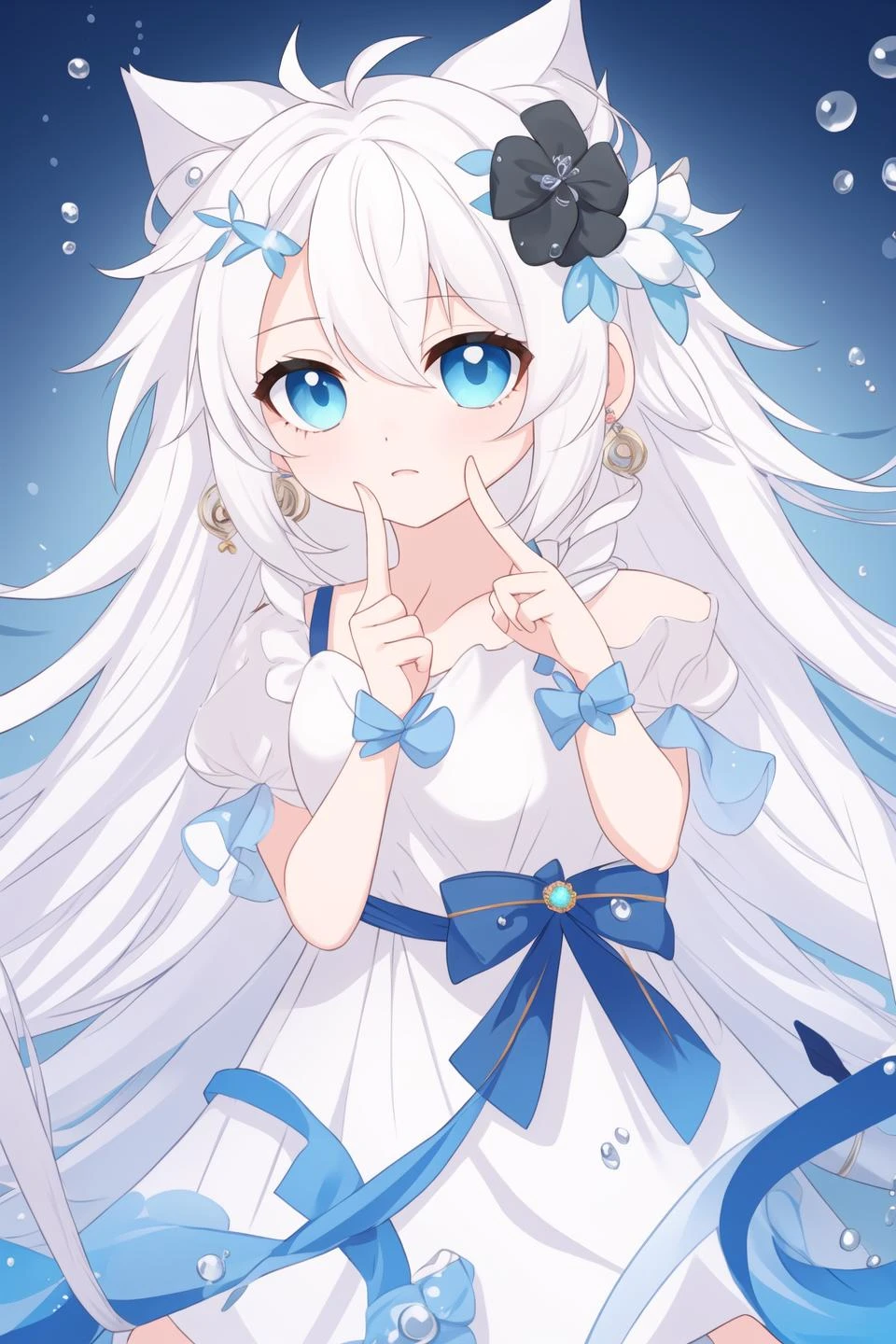 1girl, white hair, blue eye, black bow, bow, bubble, depth of field, earrings, flower, hair flower, hair ornament, index finger raised, jewelry, long hair, looking at viewer, solo, water drop <lora:SKStyle_delicate_chibi_6:1> chibi