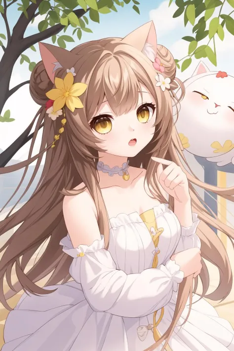 1girl, cat ears, brown hair, yellow eyes, depth of field, double bun, flower, hair flower, hair ornament, jewelry, long hair, moogle, cat toy, tree, white flower
 <lora:SKStyle_delicate_chibi_6:1> chibi