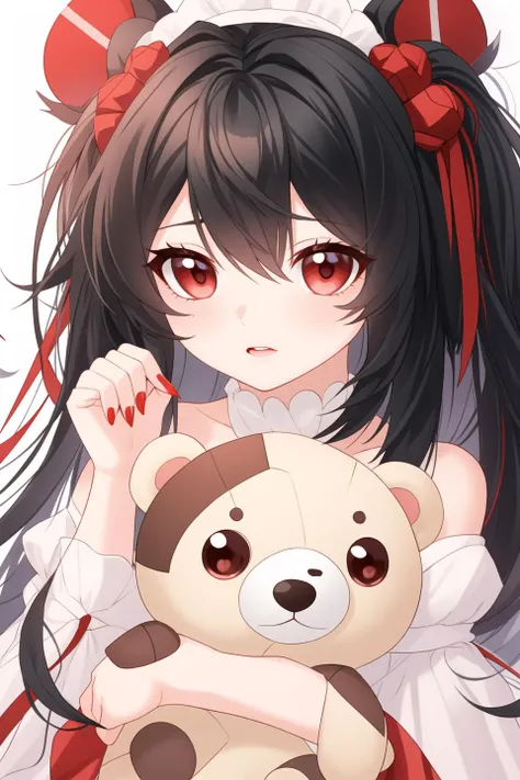 1girl, black hair, red eyes, heart, long hair, makeup, red nails, solo, stuffed animal, stuffed toy, teddy bear, close-up <lora:SKStyle_delicate_chibi_6:1> chibi