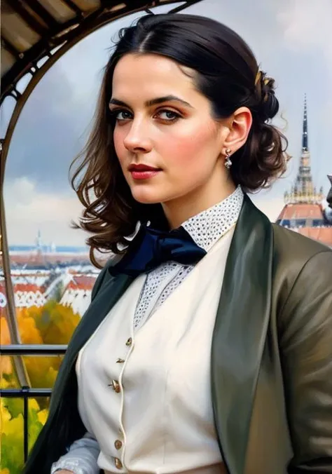 award winning painting of (StacyHiggins:0.99) a woman (Brilliant and unconventional inventor:1.2) (curious and creative expression:1.1), (outdoors in Vienna:1.5), (grey eyes:1.1), golden hour, detailed, masterpiece, high quality, art by anders zorn, trending on artstation, detailed pupils, detailed face