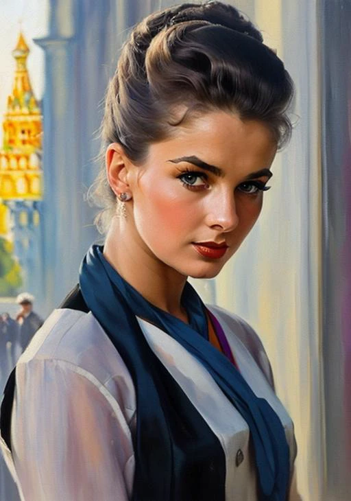 award winning painting of (StacyHiggins:0.99) a woman (Brave and determined warrior:1.2) (fierce and unwavering expression:1.3), (outdoors in 1960s Moscow, Russia:1.5), (grey eyes:1.1), afternoon, detailed, masterpiece, high quality, art by Vladimir Gvozdariki, trending on artstation, detailed pupils, detailed face