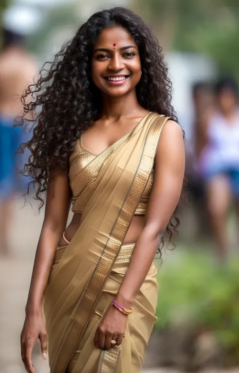 (((photographic, photo, photogenic))), (intricate detail), highres, (((realism))), skin pores, ((detailed face)), (detailed pupils), (skindentation:0.2), (dark skin:0.2), extremely high quality high detail RAW color photo of standing pose of a gorgeous indian standing woman wearing saree, happy laughing, long hair, (((pedestrians in background)))