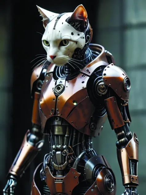 mechanical cyborg cat,(((steampunk))),rusty old armor,old metal,robot,(((full body visible))),wires,realistic,creepy,scary,cables,apocalyptic background,looking at viewer,portrait,photography,detailed skin,photo-realistic,8k,highly detailed,full length frame,High detail RAW color,by diegocr,piercing,diffused soft lighting,shallow depth of field,sharp focus,hyperrealism,cinematic lighting,cybrk <lora:cybrk-knight:0.8>,<lora:add-detail-xl:1.2>,Roboticizer <lora:Roboticizer:0.7>,Ghost,<lora:Faceless_Cyborgs-000014:0.5>,horror <lora:PAseer-SDXL-HorribleFace:0.4>