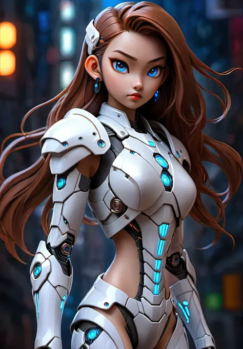 [1 Asian girl, straight long hair, pretty face, ear, professional lighting, standing, medium breasts, brown twintails, (blue eyes), (white:1.1),(((bodycon futuristic cyber-armor:1))), breastplate, vambraces, faulds, cuisses, detailed ultra photorealistic,  outdoors, cinematic, dark scene, night, future city, neon light, professional lighting, upper body shot,],
<lora:cybrk-knight:0.9>,