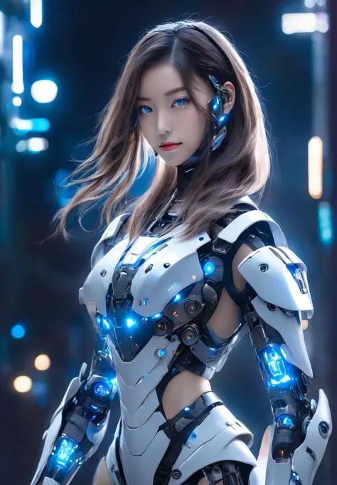 [1 Asian girl, straight long hair, pretty face, ear, professional lighting, standing, medium breasts, brown twintails, (blue eyes), (white:1.1),(((bodycon futuristic cyber-armor:1))), breastplate, vambraces, faulds, cuisses, detailed ultra photorealistic,  outdoors, cinematic, dark scene, night, future city, neon light, professional lighting, upper body shot,],
<lora:cybrk-knight:0.9>,