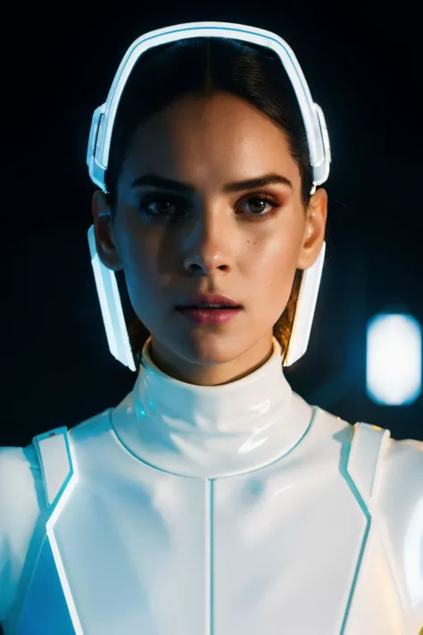 a woman (Alexis Knapp) wearing a helmet standing in front of a group of humanoids, a character portrait by Nína Tryggvadóttir, cgsociety, retrofuturism, reimagined by industrial light and magic, sci-fi, futuristic