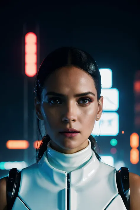 aaj in cyber neon lighting, futurism, intricate futuristic jewelry accessories, cyberpunk glossy white latex turtleneck, hyper photorealistic, crispy quality, digital photography, trending in artstation, trending in pinterest, cinematic, 4 k ultra hd, art by pascal blanche, art by greg rutkowski, <lora:AdriaArjona-RealVision-V1.0:1>
