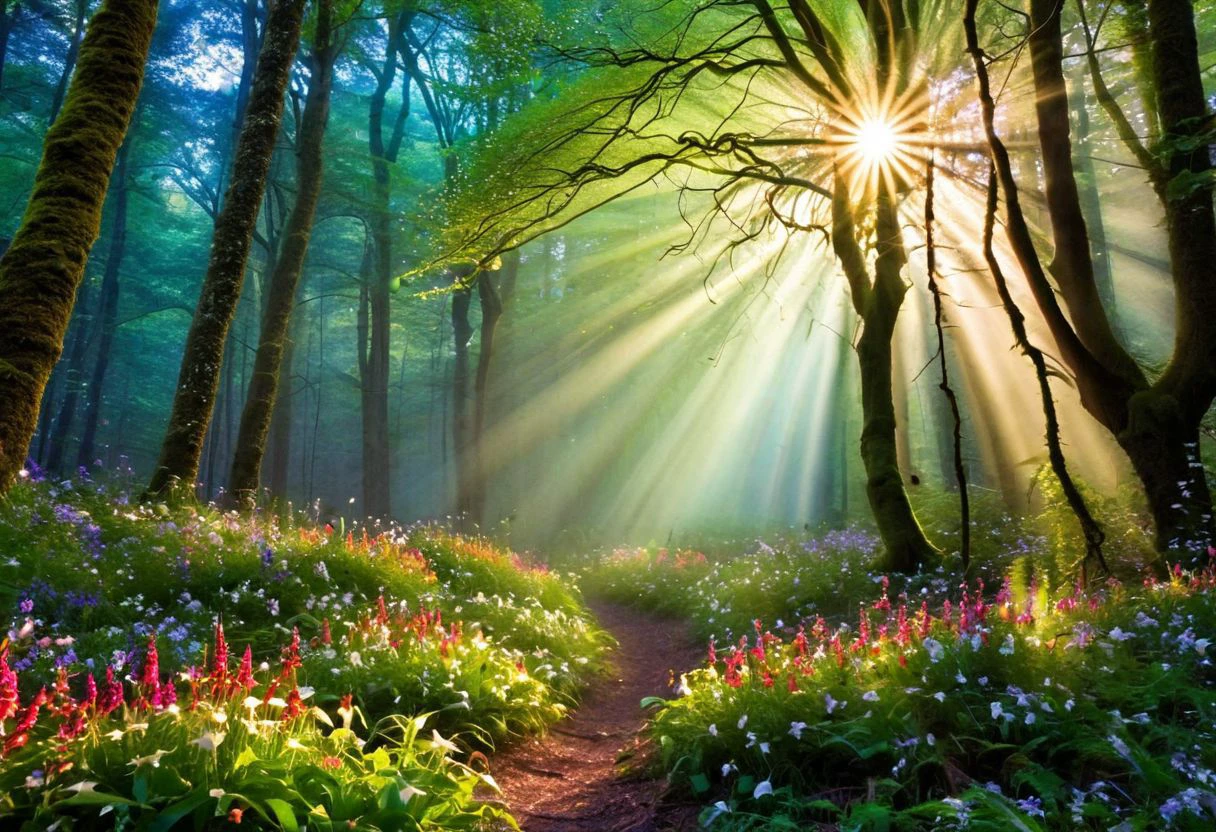 Wallpaper with flowers in many colors, in a clearing in a wondrous yet beautiful forest that seems magical, sunbeams shine through the trees, various birds can be seen high in the air and in the trees, further away you can see if you look closely, scantily clad male as well as female elves dancing through the forest, perfect eyes, detailed skin, seems like a dream