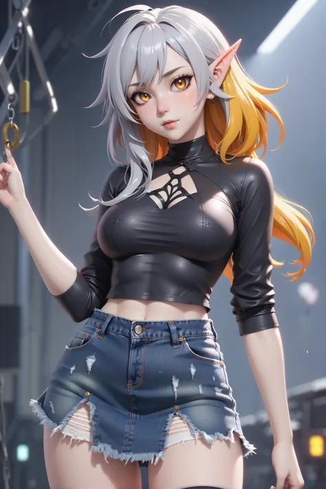 anime style, 1girl, woman, goth girl, [:seductive, colorful costume design,:0.2], bombshell punk hair, dark orange hair, hair over one eye,Coiffed Waves, torn denim skirt, bombshell hair, silver hair with yellow highlights, pixie cut, chubby, narrow waist, medium breasts, caucasian, elf, Spider Queen's Web<lora:EnvyElfXL02:1>