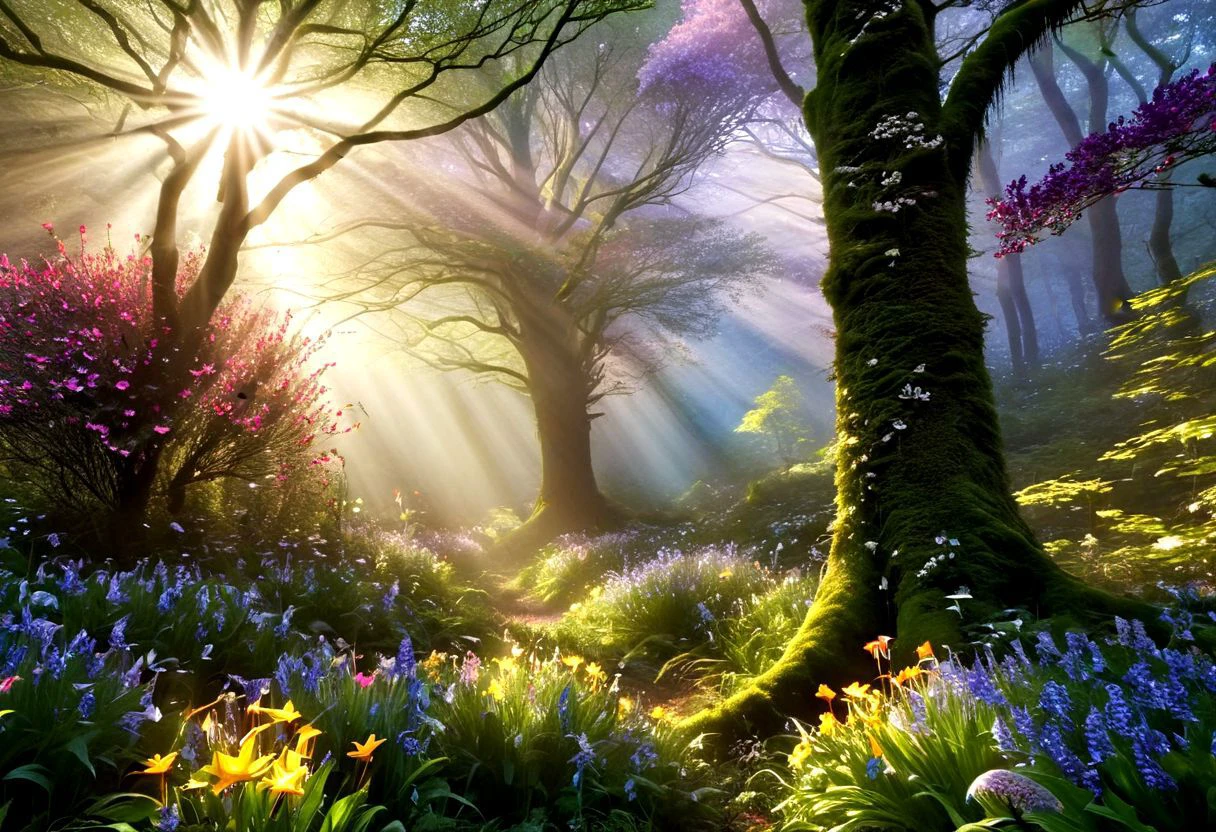 Wallpaper with flowers in many colors, in a clearing in a wondrous yet beautiful forest that seems magical, sunbeams shine through the trees, various birds can be seen high in the air and in the trees, further away you can see if you look closely, scantily clad male as well as female elves dancing through the forest, perfect eyes, detailed skin, seems like a dream, detailed skin, perfect eyes, Realistic