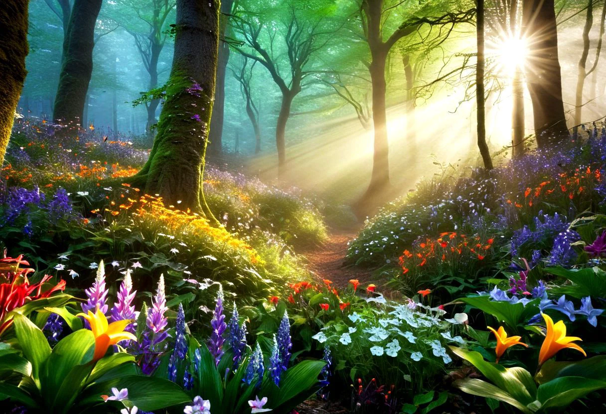 Wallpaper with flowers in many colors, in a clearing in a wondrous yet beautiful forest that seems magical, sunbeams shine through the trees, various birds can be seen high in the air and in the trees, further away you can see if you look closely, scantily clad male as well as female elves dancing through the forest, perfect eyes, detailed skin, seems like a dream, detailed skin, perfect eyes, Realistic