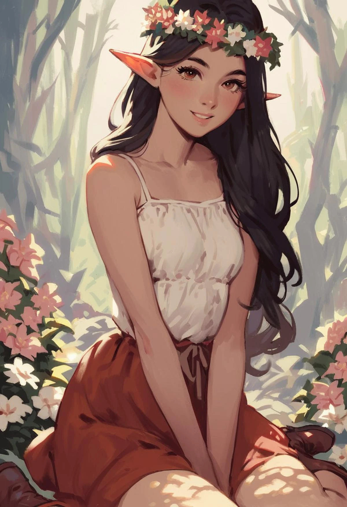score_9, score_8_up, score_7_up, score_6_up, score_5_up, score_4_up, anime style, beautiful detailed eyes, 1girl, elf, caucasian, mature, small breasts, collarbone, jewelry, makeup, long eyelashes, thick eyelashes, dark hair, haircut, wreath of flowers, red with white ornate shirt, red skirt, deep neckline, boots, outdoor, posing at viewer, flirting, fantasy forest, looking at viewer, happy smile, teeth, cute, intricate details, <lora:add-detail-xl:2>, <lora:chest_adjust:-7>, <lora:EnvyGoddessXL03:1>