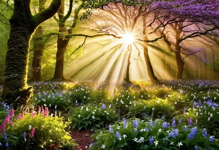 Wallpaper with  flowers in many colors, in a clearing in a wondrous yet beautiful forest that seems magical, sunbeams shine through the trees, various birds can be seen high in the air and in the trees, further away you can see if you look closely, scantily clad male as well as female elves dancing through the forest, perfect eyes, detailed skin, seems like a dream