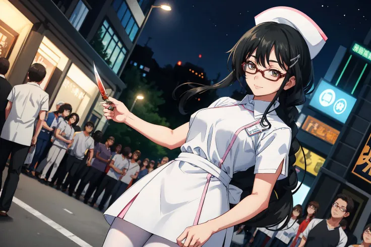 <lora:hazukishino-ch-richy-v1:1> hazukishino, nurse, nurse cap, white legwear, white pantyhose, glasses
masterpiece, best quality, absurdres, city, shibuya, night, surrounded by onlookers, looking at viewer, unhinged expression, creepy smile, ((holding knife))