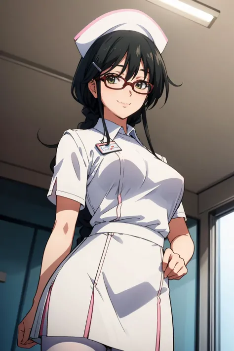 all fours on medical bed, (white nurse outfit : 1.3), white skirt, (white nurse hat), medicalroom, Nijou Aki, 27 yo, mature women, anime cels style, best quality, high resolution, (gigantic breasts:1.3), cowboy shot, blush, smiling, (purple eyes), blue hair