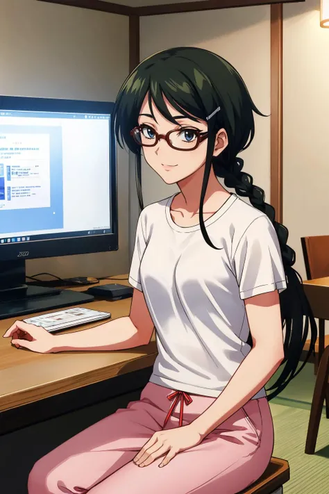 <lora:hazukishino-ch-richy-v1:1> hazukishino, glasses, white t-shirt, pajama bottoms,
masterpiece, best quality, absurdres, living room, sitting, desk, playing games on PC, smile