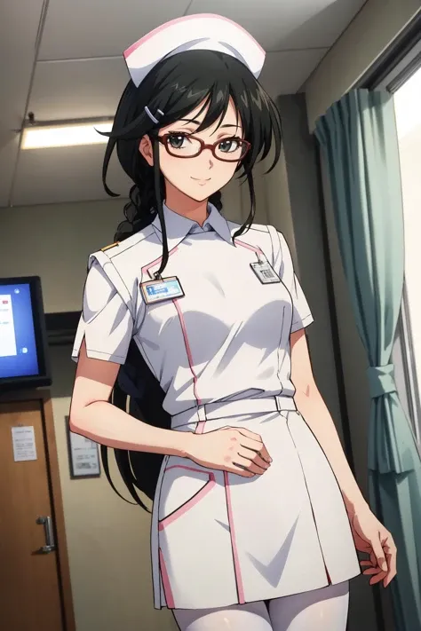<lora:hazukishino-ch-richy-v1:1> hazukishino, nurse, nurse cap, white legwear, white pantyhose, glasses
masterpiece, best quality, absurdres, hospital room, looking at viewer, smile