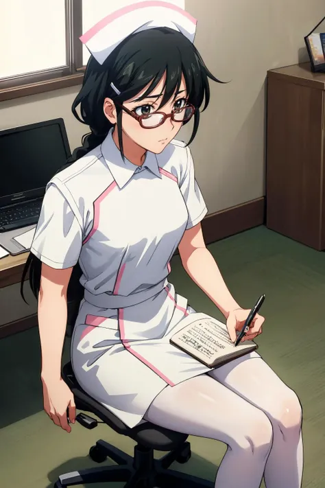 <lora:hazukishino-ch-richy-v1:1> hazukishino, nurse, nurse cap, white legwear, white pantyhose, glasses
masterpiece, best quality, absurdres, nurses station, desk, chair, blank expression, sitting, writing, notebook, writing in notebook