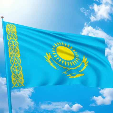 Kazakhstan flag waving in the wind, KazakhstanFlag, Hyperrealistic, Hyperdetailed,, realistic, masterpiece, best quality, ultra realistic, High Detail,<lora:AsiaFlags01-000002:1> ,