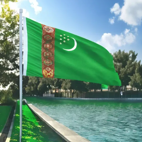 Turkmenistan flag waving in the wind, TurkmenistanFlag, Hyperrealistic, Hyperdetailed,, realistic, masterpiece, best quality, ultra realistic, High Detail,<lora:AsiaFlags01-000002:1> ,