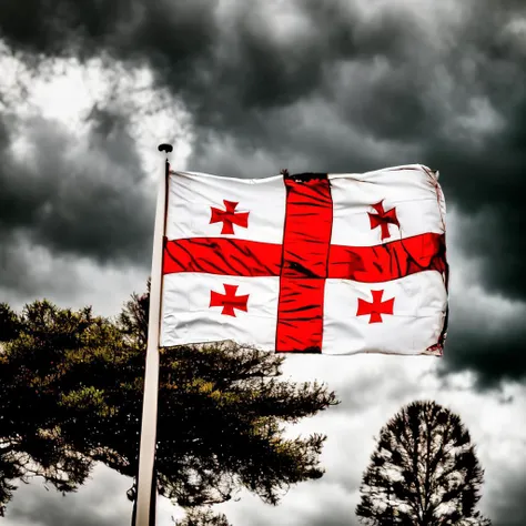 the georgia country flag,georgia countryFlag,Hyperrealistic,Hyperdetailed,realistic,masterpiece,best quality,ultra realistic,High Detail,<lora:AsiaFlags01-000002:1>,Cinematic Lighting,in winter,rain,rainy days,cloudy,city,cityscape,street,