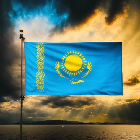 the Kazakhstan  flag,KazakhstanFlag,Hyperrealistic,Hyperdetailed,realistic,masterpiece,best quality,ultra realistic,High Detail,<lora:AsiaFlags01-000002:1>,Cinematic Lighting,in winter,rain,rainy days,cloudy,city,cityscape,street,