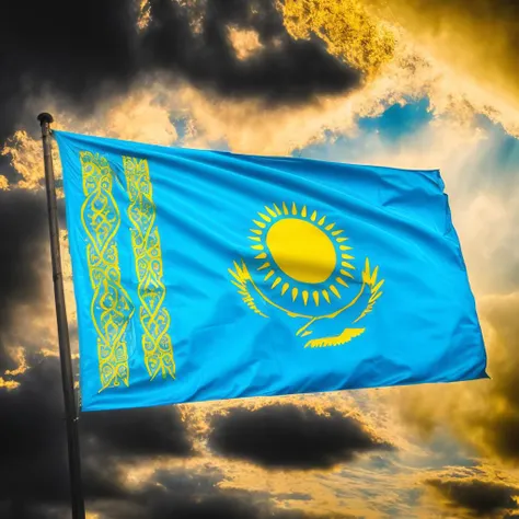 the Kazakhstan flag,KazakhstanFlag,Hyperrealistic,Hyperdetailed,realistic,masterpiece,best quality,ultra realistic,High Detail,<lora:AsiaFlags01-000002:1>,Cinematic Lighting,in winter,rain,rainy days,cloudy,city,cityscape,street,